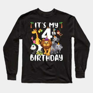 Its My 4th Birthday Safari Jungle Zoo Lovers Birthday Party Long Sleeve T-Shirt